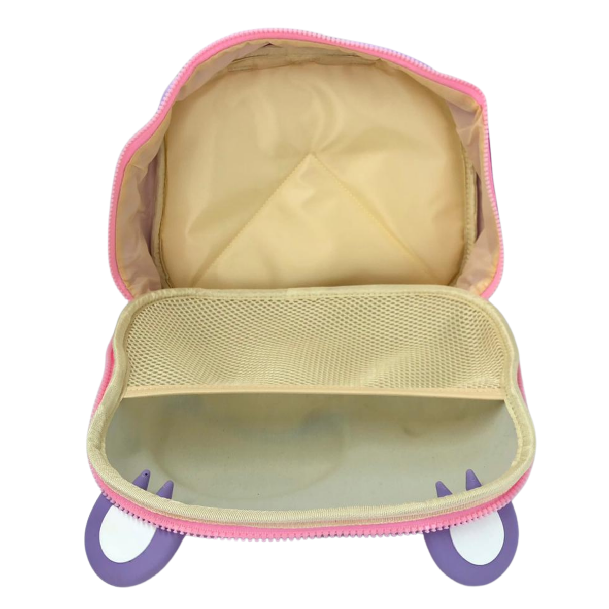 Kids cosmetic bag open to show beige lining and roomy interior with pink zipper edge