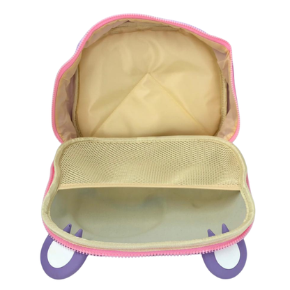 Kids cosmetic bag open to show beige lining and roomy interior with pink zipper edge