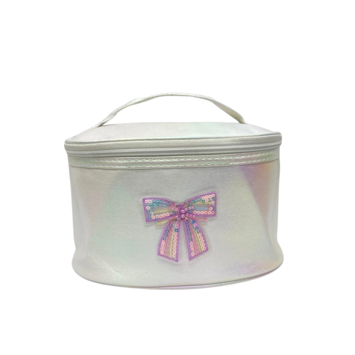 White holographic cosmetic pouch with bow applique and top zipper closure