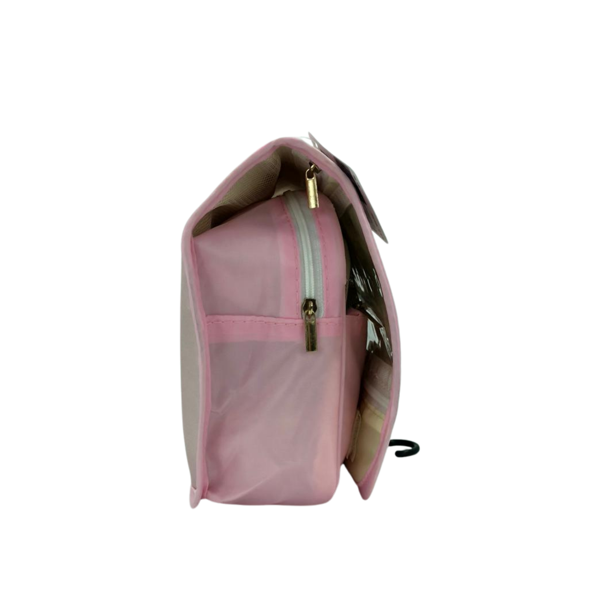 Hanging toiletry bag open side view with pink interior, mint trim, and zip pocket