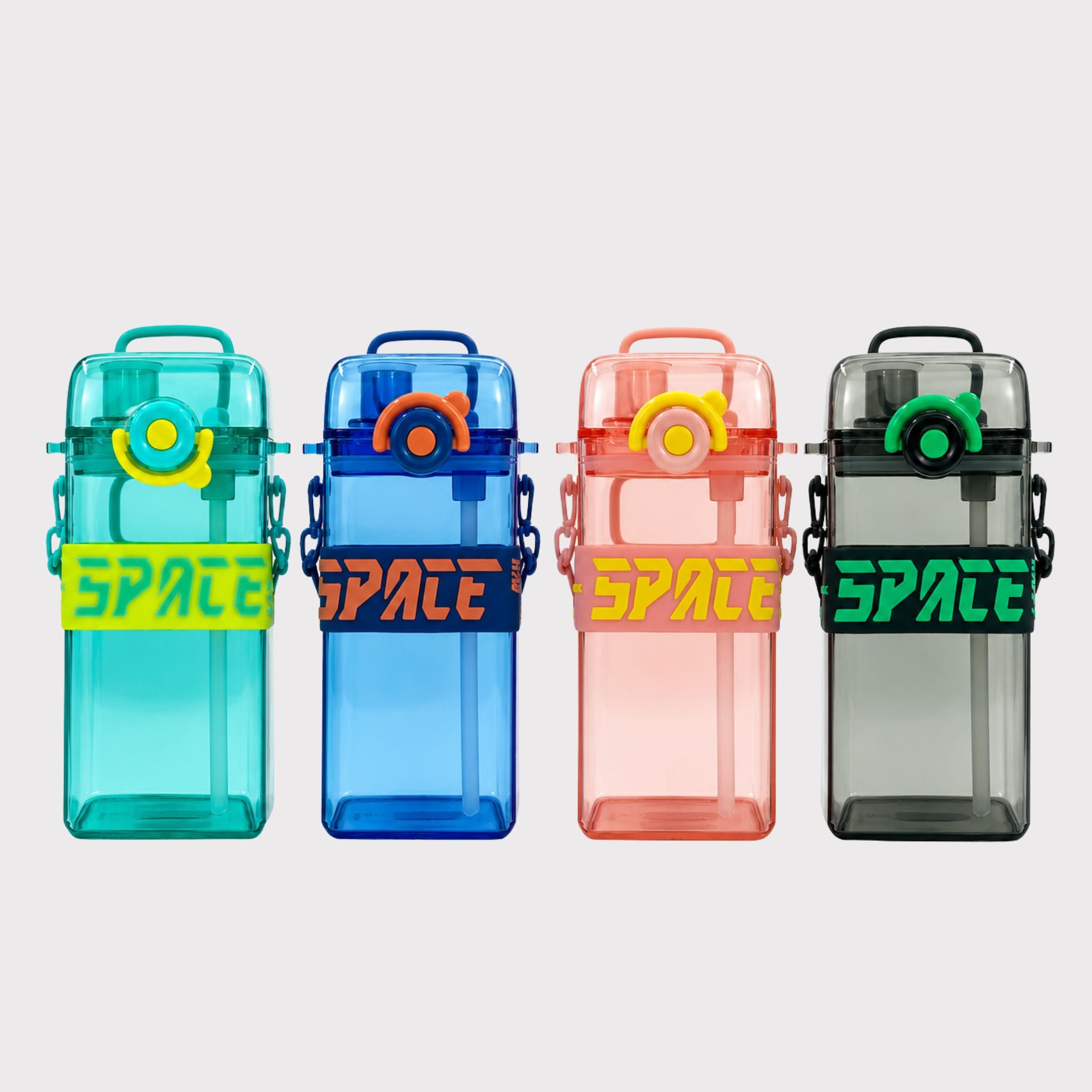 Set of transparent square water bottles in teal, blue, pink, and gray with colored lids.