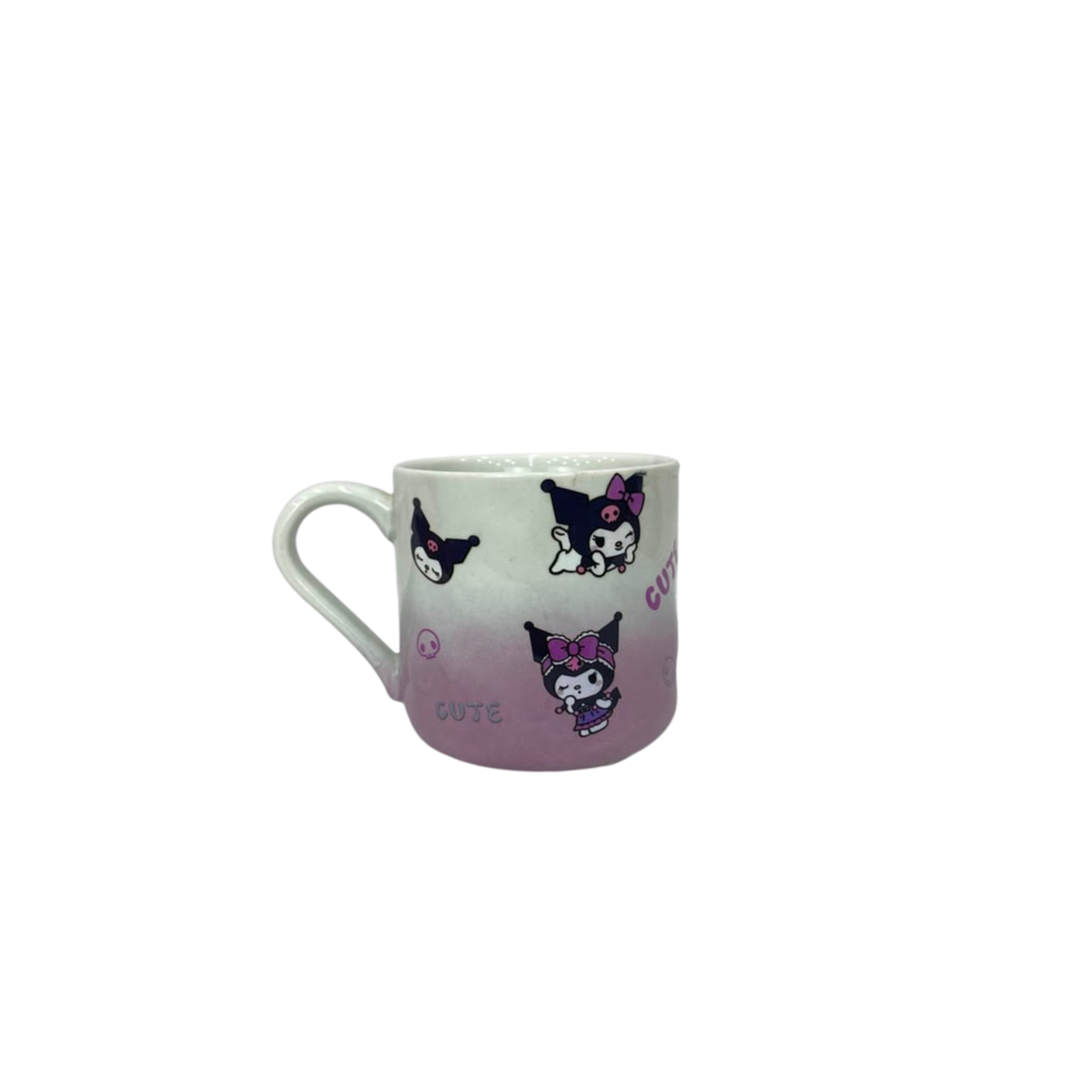 Kuromi character ceramic mug with purple bow graphic and cat face, side view