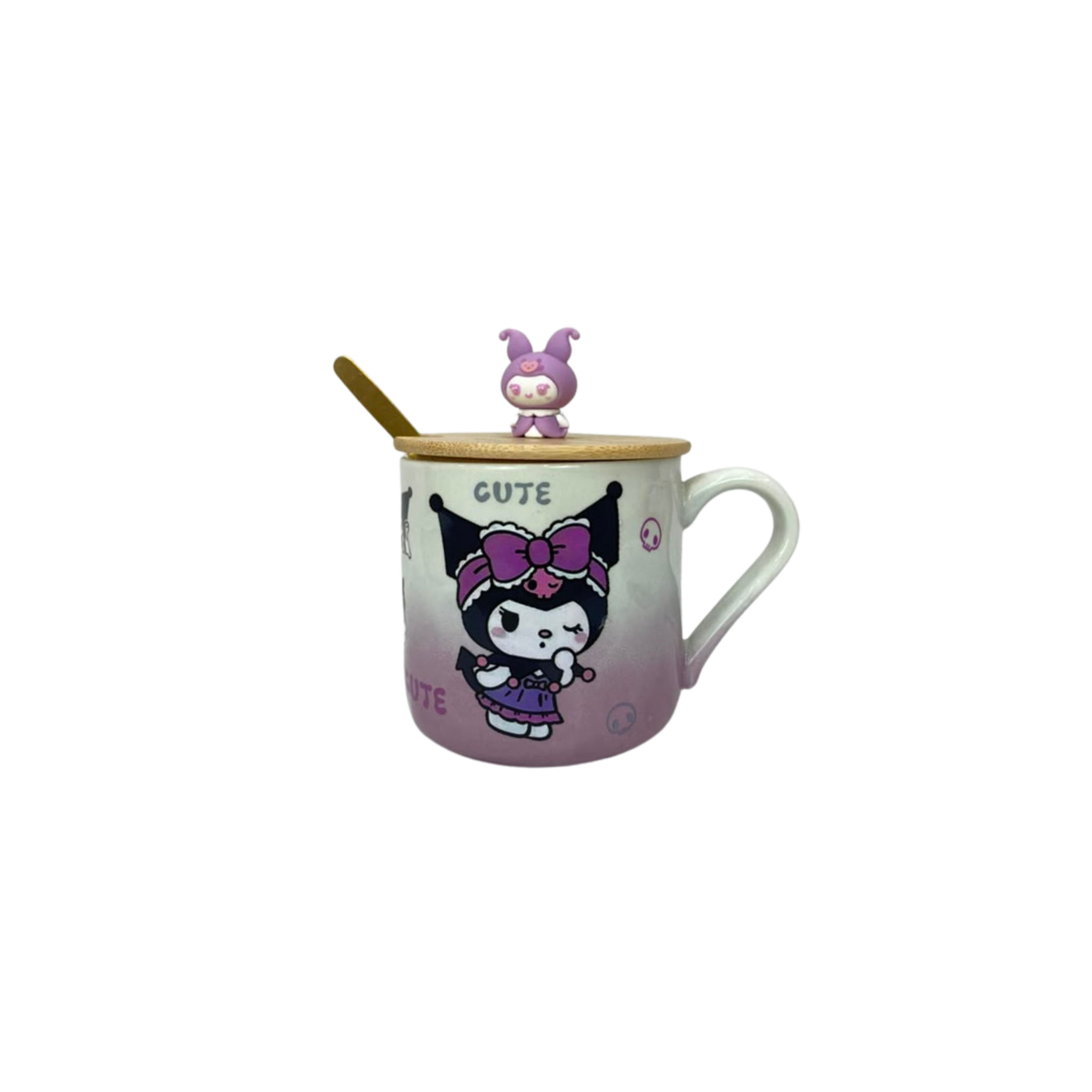 Kuromi character ceramic mug with wooden lid and spoon, cute bow graphic