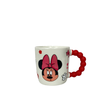 Red-and-white ceramic Minnie mug with red beaded handle, no lid