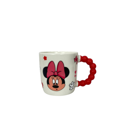 Red-and-white ceramic Minnie mug with red beaded handle, no lid