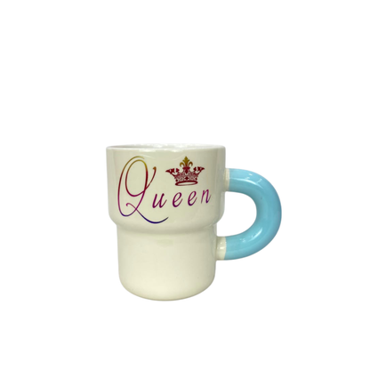 Cream ceramic mug with Queen script and chunky blue handle