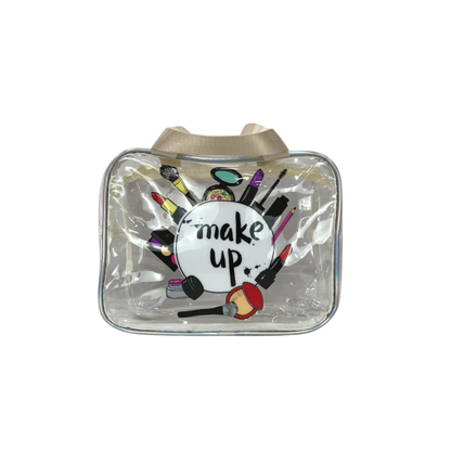 Beige transparent PVC cosmetic bag with top handle and makeup tool graphic.