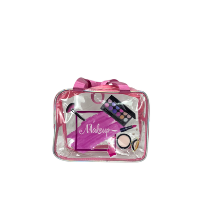 Pink transparent PVC cosmetic bag with top handle and makeup tools graphic.