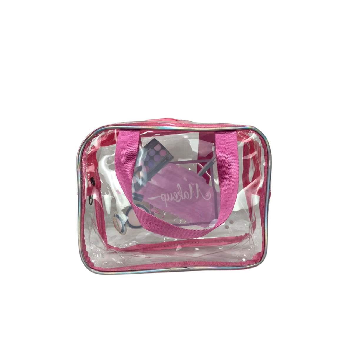 Pink transparent PVC cosmetic bag with top handle and clear front, makeup print.
