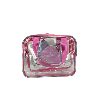 Pink transparent PVC cosmetic bag with top handle and clear front, makeup print.