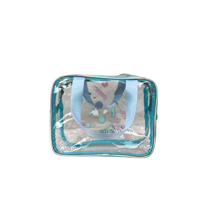 Blue transparent PVC cosmetic bag with top handle, clear front, makeup print.