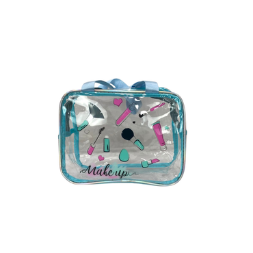 Blue transparent PVC cosmetic bag with top handle and makeup pattern.