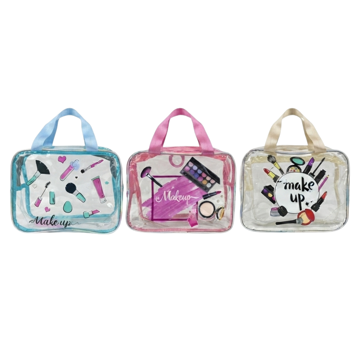 Transparent PVC cosmetic bags set with top handles, blue, pink, and beige.
