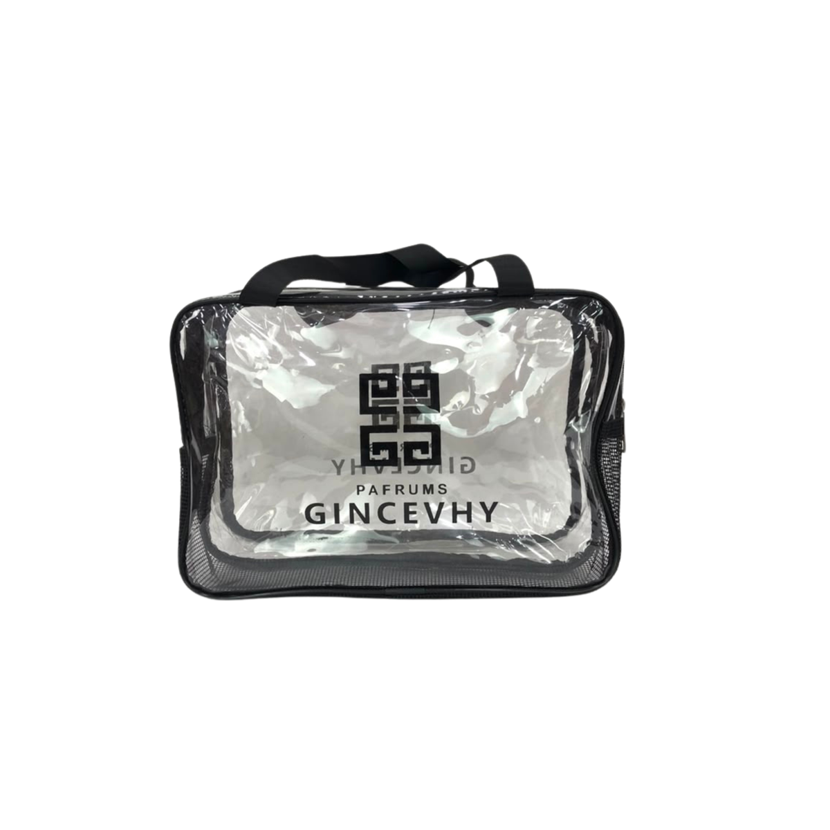 Transparent PVC cosmetic bag with black trim, top handles, front logo