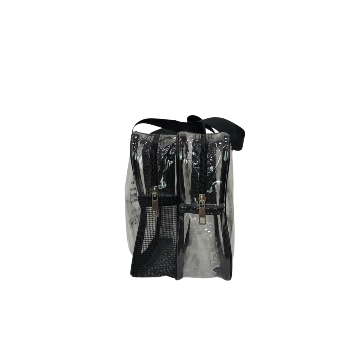 Transparent PVC cosmetic bag with black mesh side panels and top handles