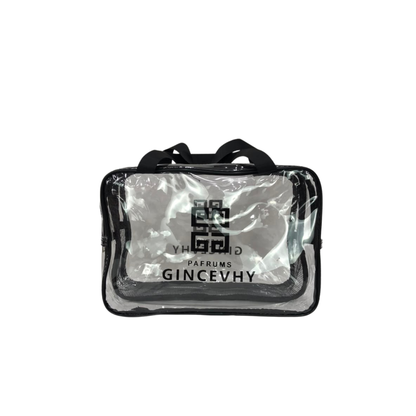 Transparent PVC cosmetic bag with black mesh front and top handles
