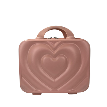 Pink hard-shell beauty box with large heart embossed front, rounded carry handle and zipper.