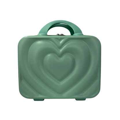 Green hard-shell beauty box with large heart embossed front, top handle and zipper closure.