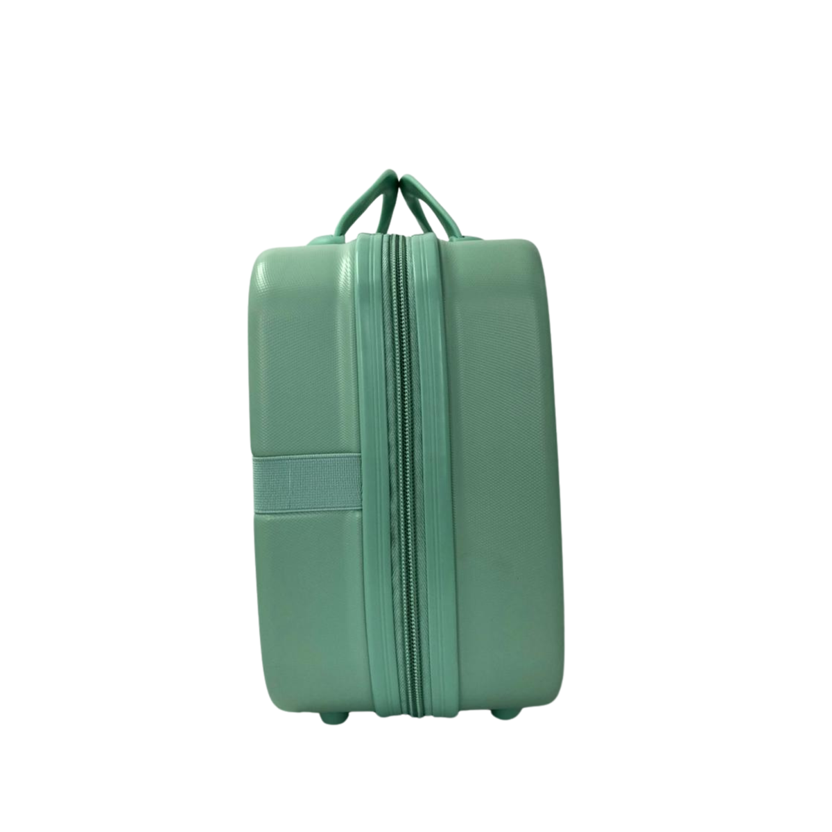 Green hard-shell beauty box with triple heart embossing, vertical zipper and carry handles.