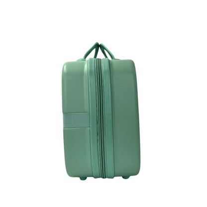 Green hard-shell beauty box with triple heart embossing, vertical zipper and carry handles.
