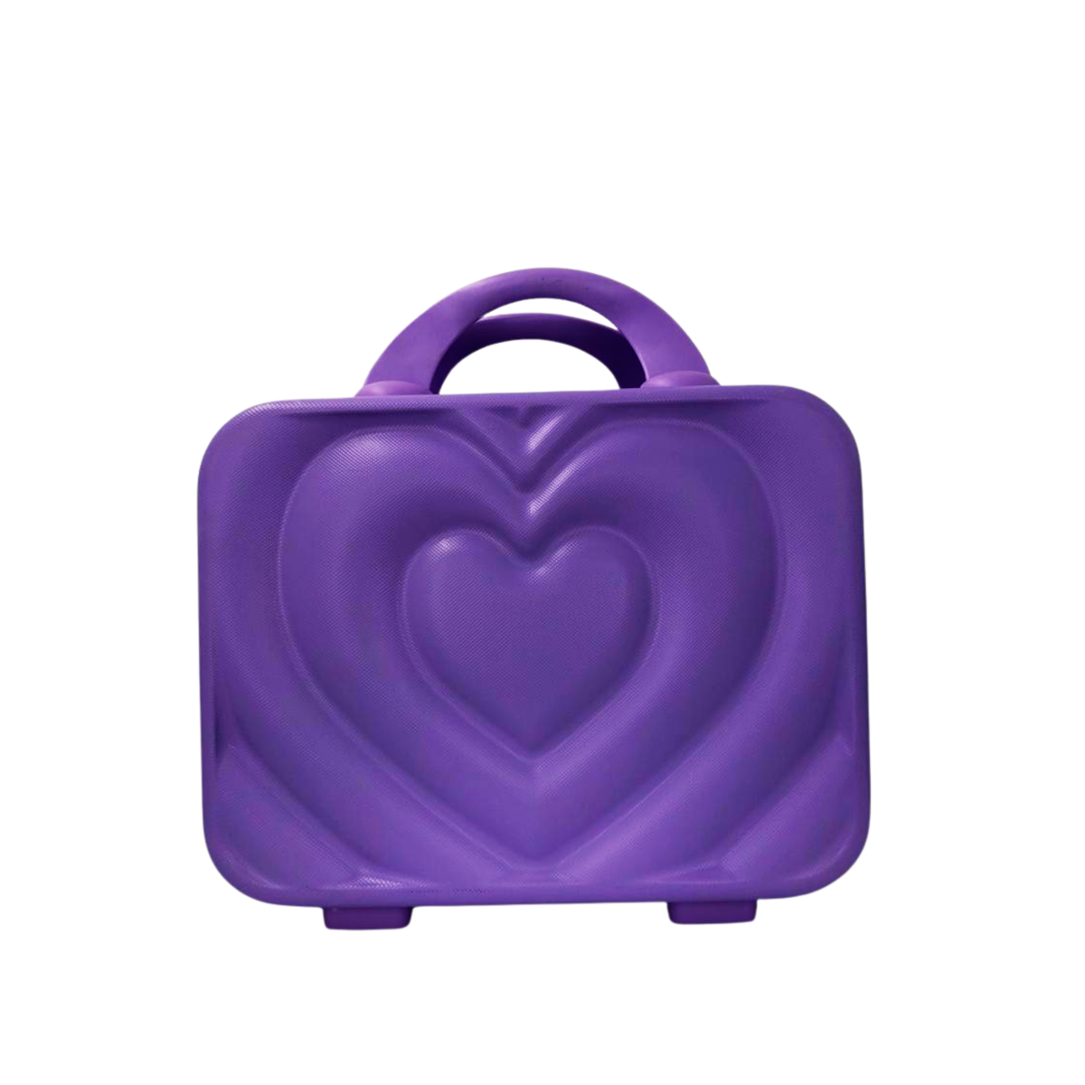 Purple hard-shell beauty box, large heart embossing on front, top handle and zipper.