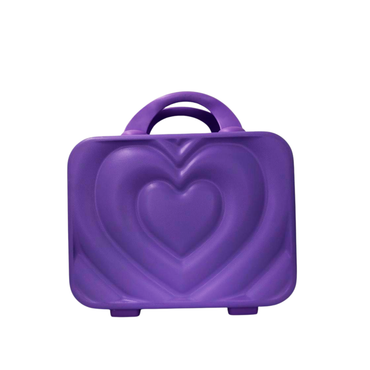 Purple hard-shell beauty box, large heart embossing on front, top handle and zipper.