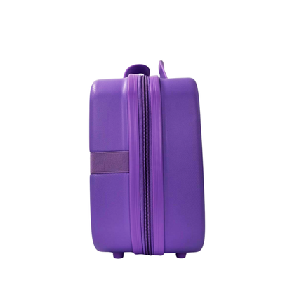 Purple hard-shell beauty box with triple heart embossing, side zipper and carry handle.