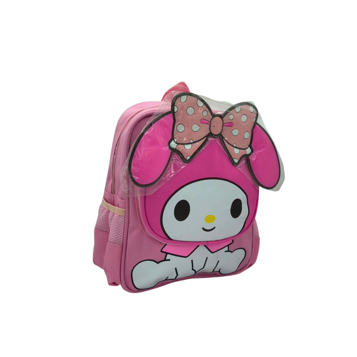 Pink kids backpack with cartoon face, large bow, and 3D ear hood