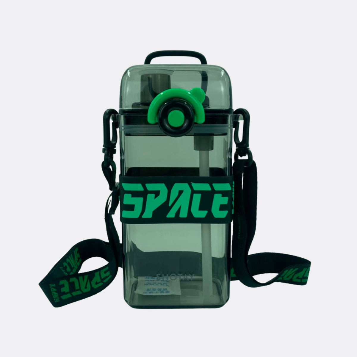 Green transparent square water bottle with green lid button and black carry straps.
