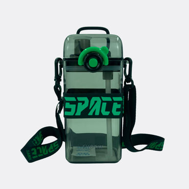 Green transparent square water bottle with green lid button and black carry straps.