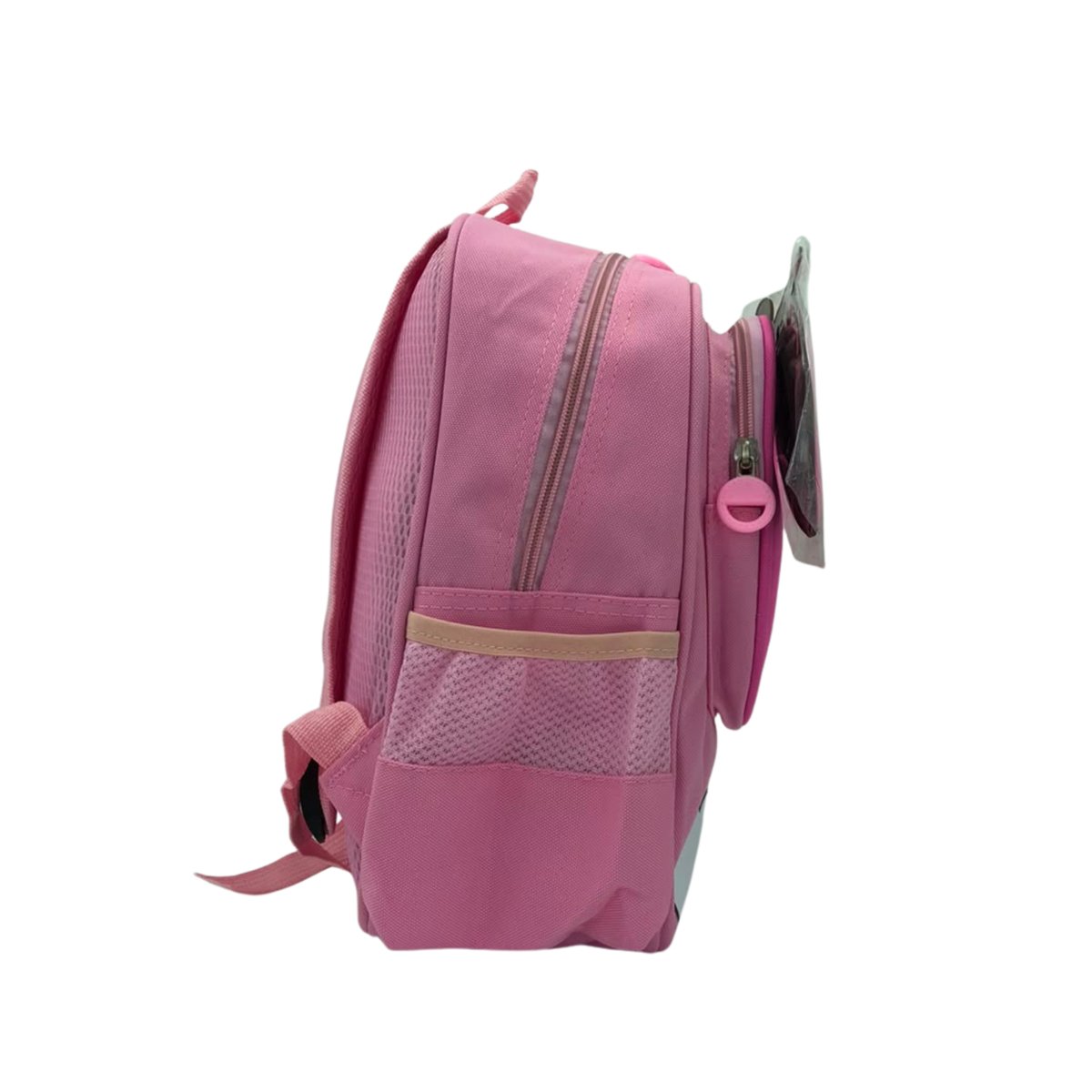 Pink kids backpack with 3D ear charm and side pocket, angled view