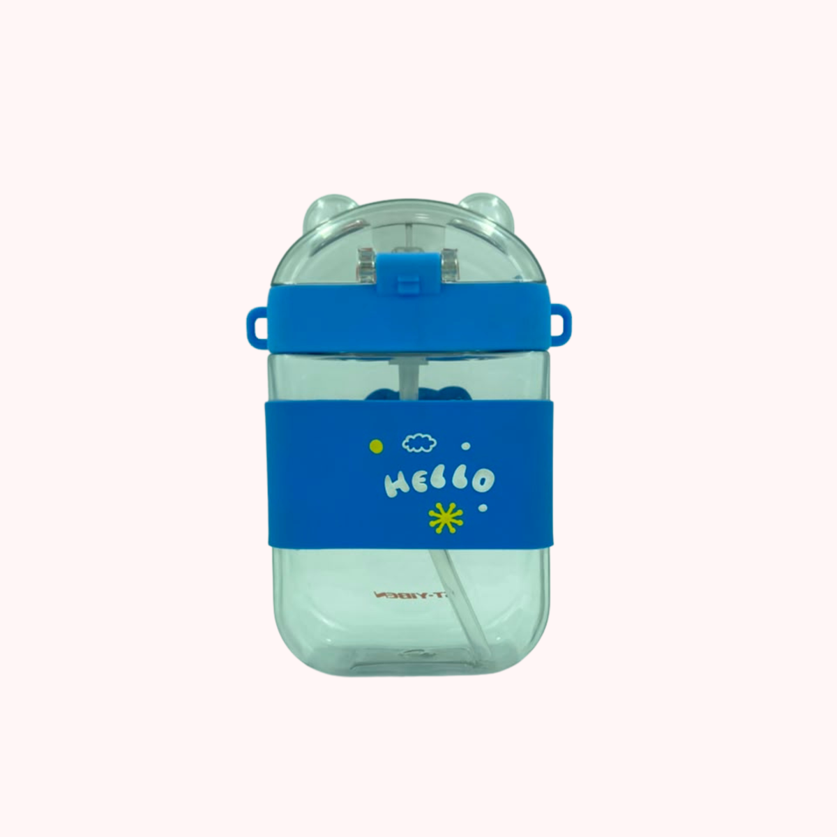Kids water bottle with straw and strap, blue “hello” cartoon graphic, green-tinted bottle body.