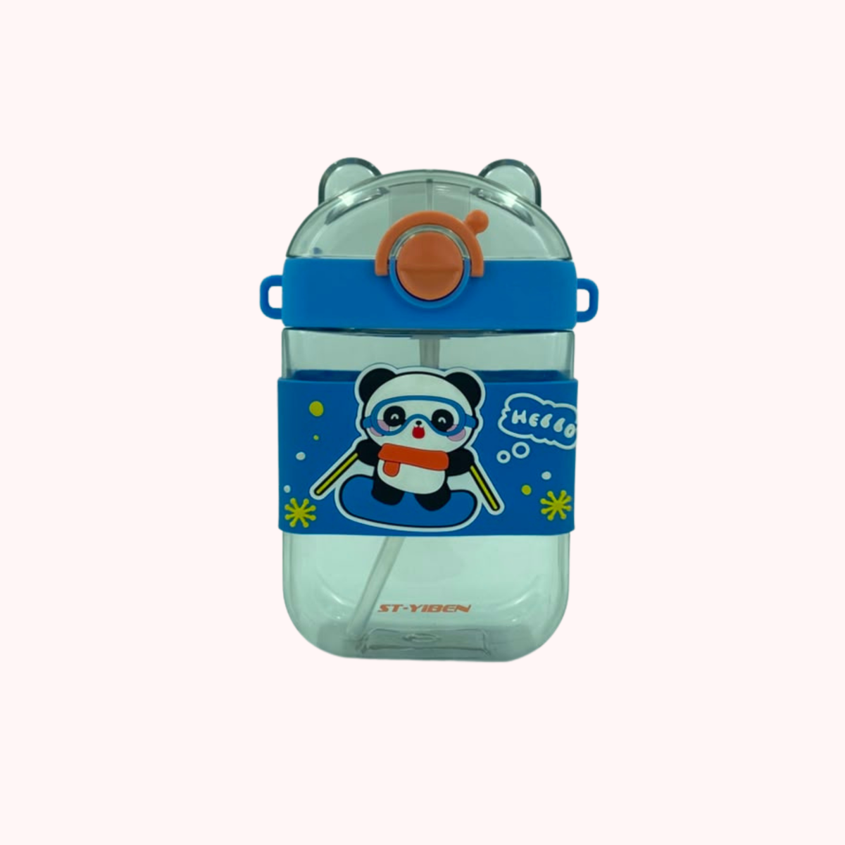 Kids water bottle with straw and strap, blue penguin cartoon graphic, orange straw lid.