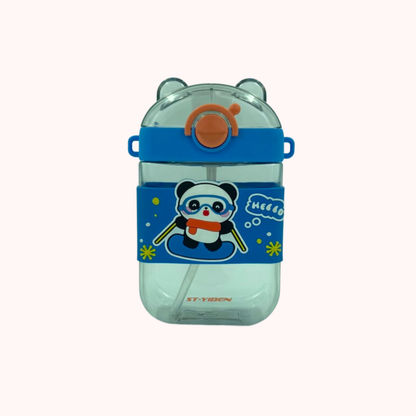 Kids water bottle with straw and strap, blue penguin cartoon graphic, orange straw lid.