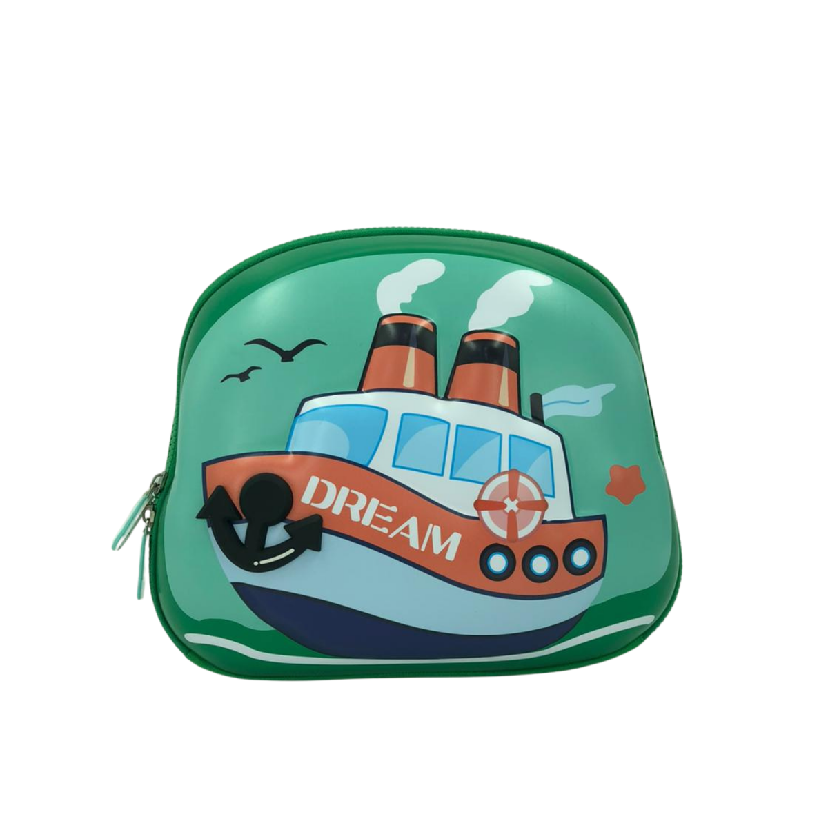 Kids cosmetic pouch with 3D ship graphic and zipper, green