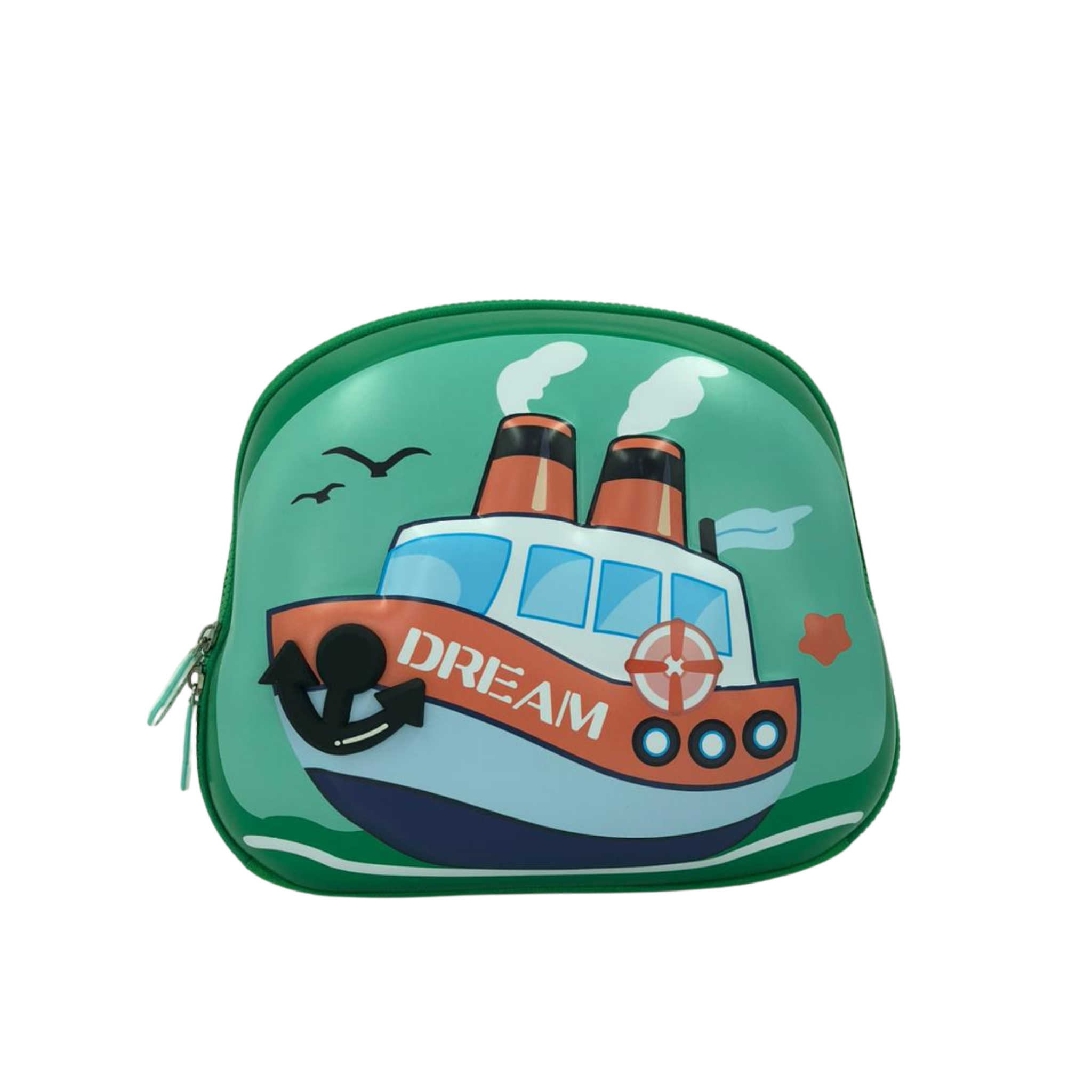 Kids cosmetic pouch with 3D ship graphic and zipper, green