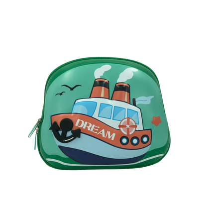 Kids cosmetic pouch with 3D ship graphic and zipper, green