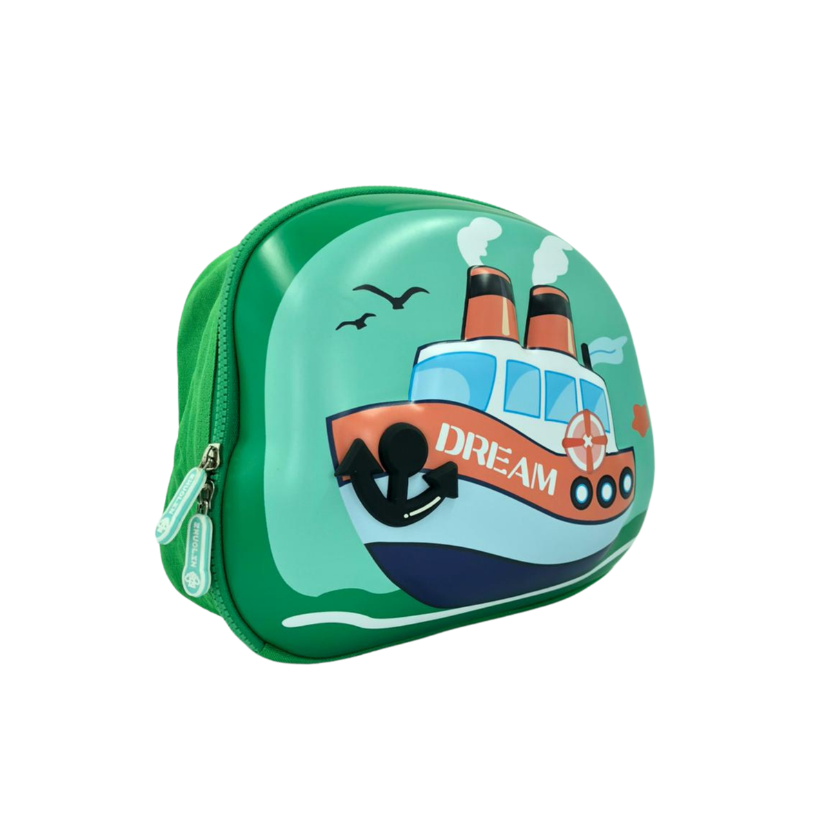 Kids toiletry pouch in green with steamboat 3D print and zipper