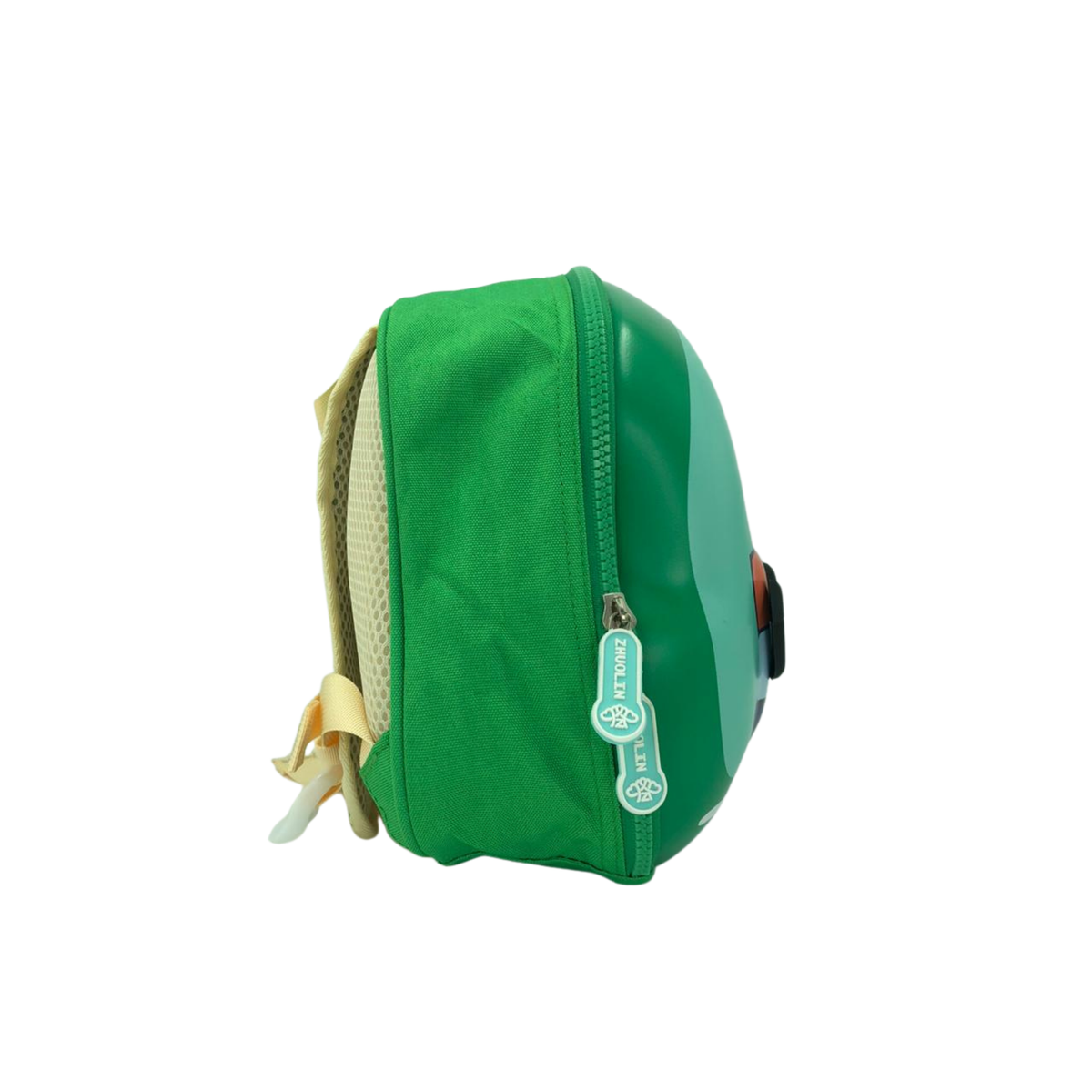 Kids toiletry pouch side view in green with zipper and fabric carrying loop