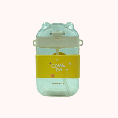 Kids water bottle with straw and strap, blue-yellow “come on” cartoon design, mint lid.