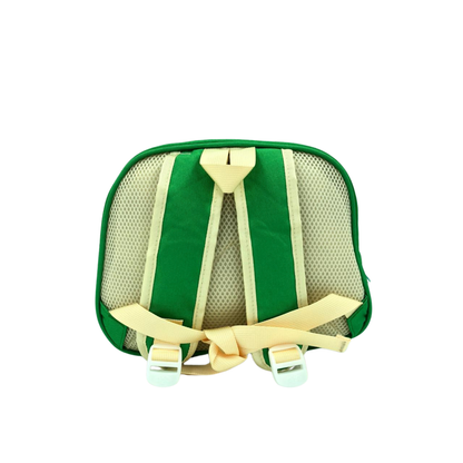 Kids toiletry pouch interior with green fabric, mesh backing, and elastic straps