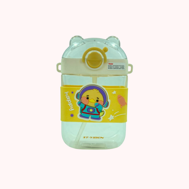 Kids water bottle with straw and strap, yellow cartoon animal graphic, mint cap and ears.
