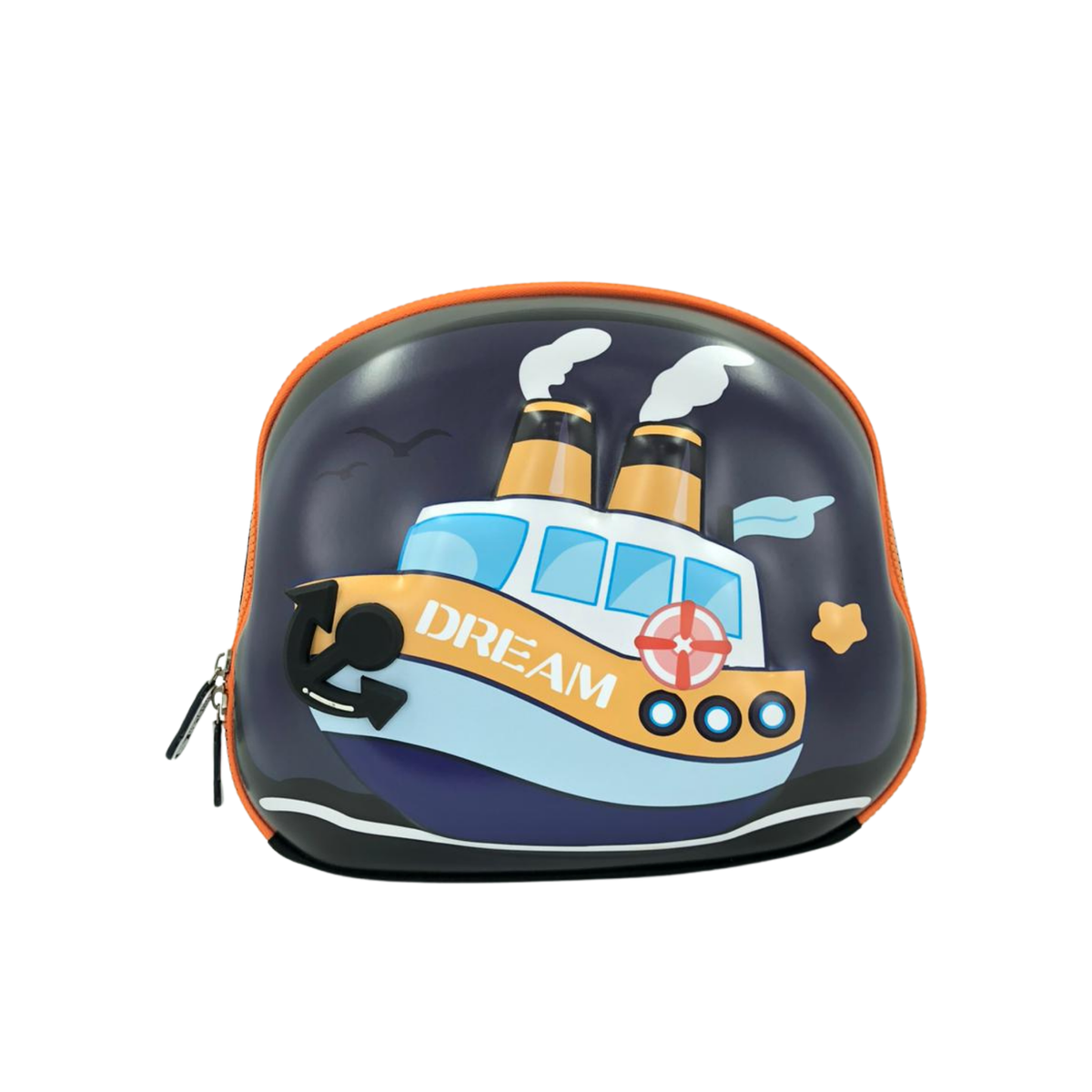 Kids toiletry pouch with dark navy body, orange trim, and steamboat 3D print