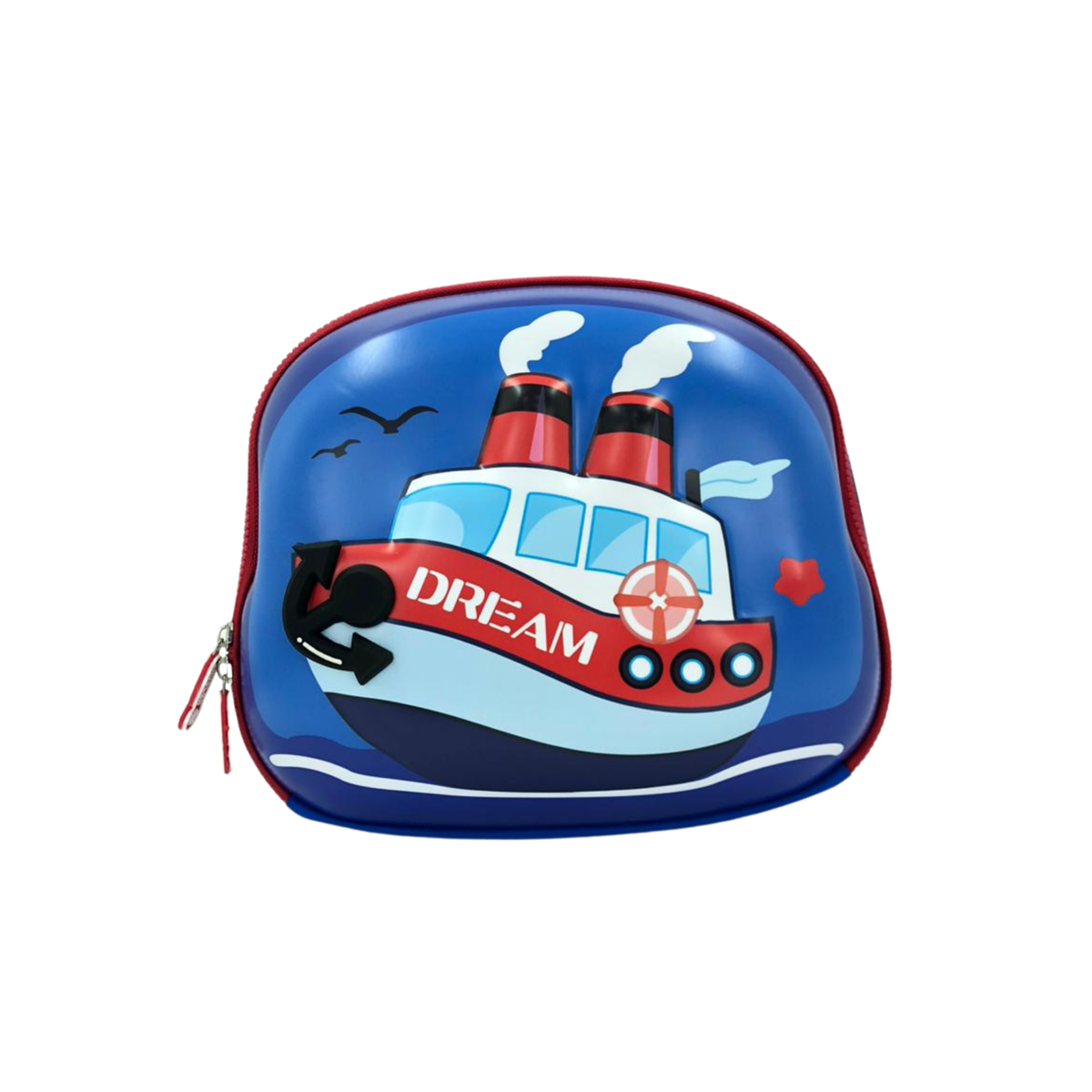 Kids toiletry pouch with red-trim border and steamboat 3D print, zipper