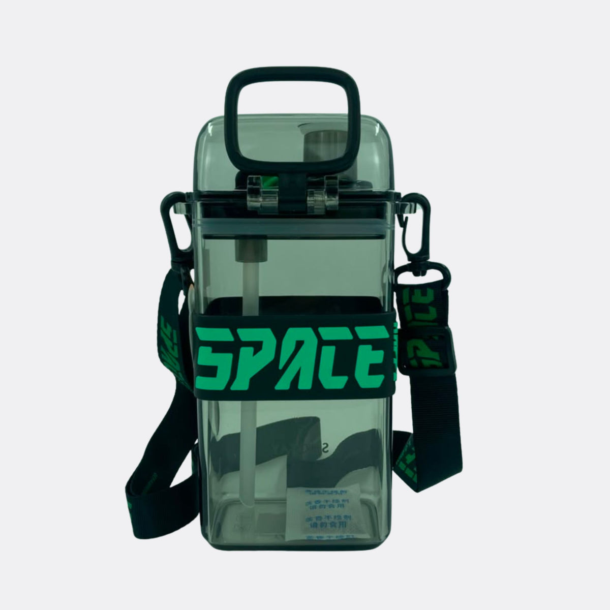 Dark green transparent square water bottle with black carry handle and SPATE strap.