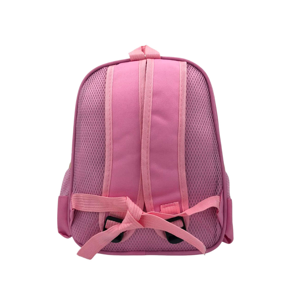 Pink kids backpack with mesh panels and bow detail, front view