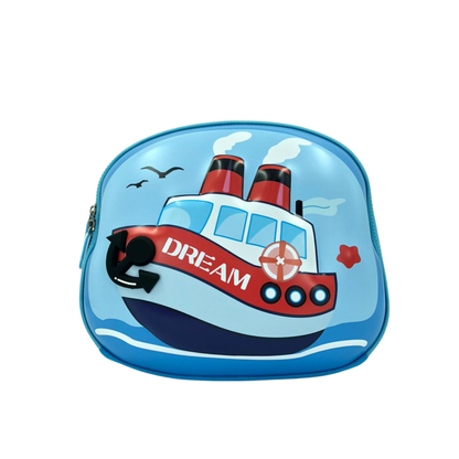 Kids toiletry pouch in bright blue with steamboat 3D print and zipper
