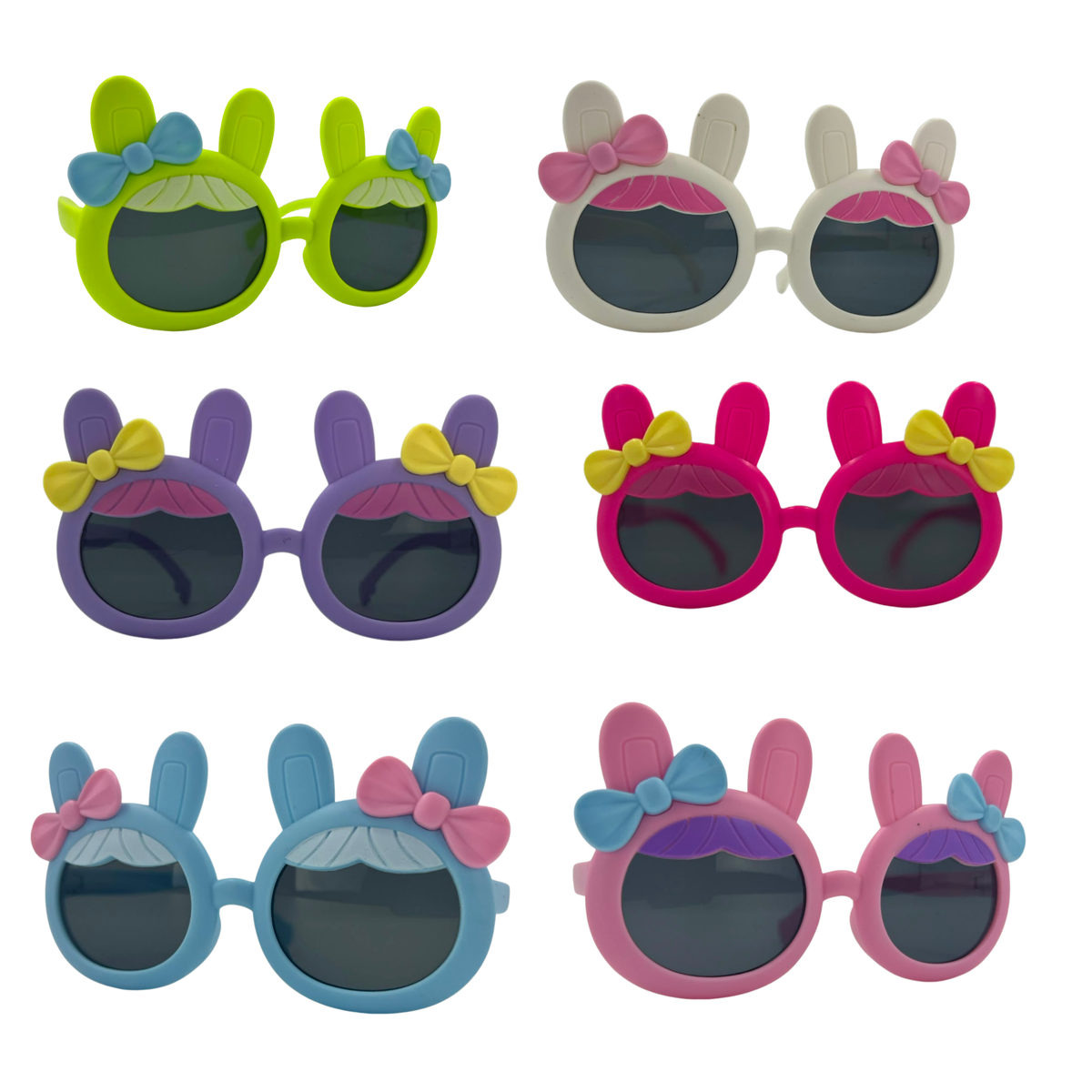 Kids bunny-ear bow sunglasses, lime green frames with blue bow, dark lenses