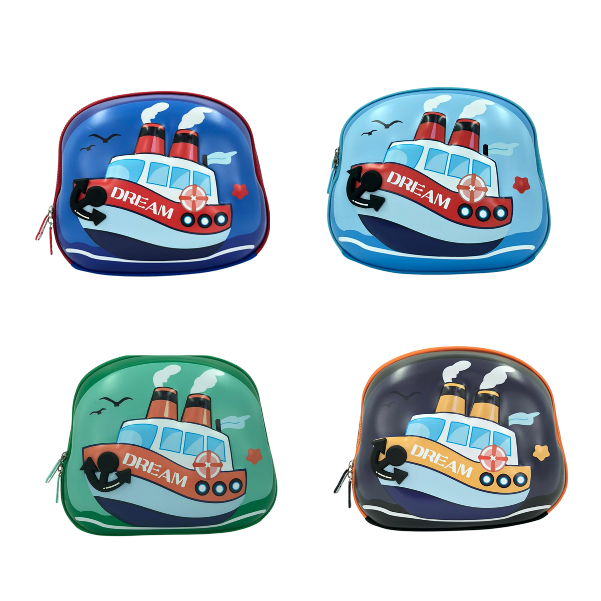 Kids toiletry pouch set with steamboat 3D design, four color options