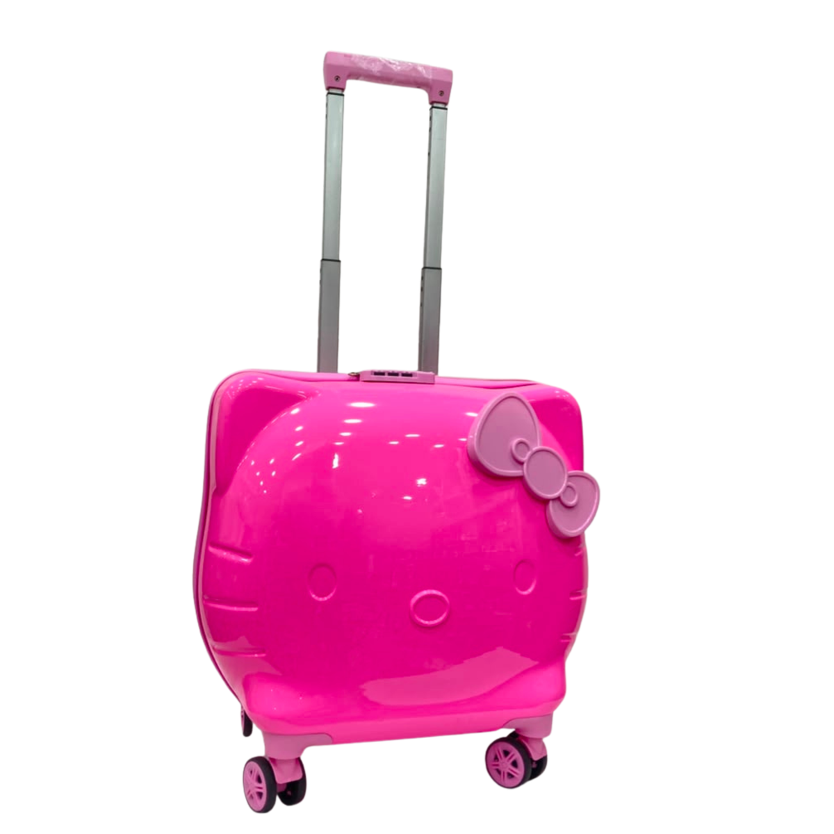 Hello Kitty hot pink shaped spinner luggage with telescoping handle and bow emblem
